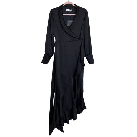 Mac Duggal Dress Gown Size 2 Black Satin Wrap Long Sleeve V Neck 12506 $398